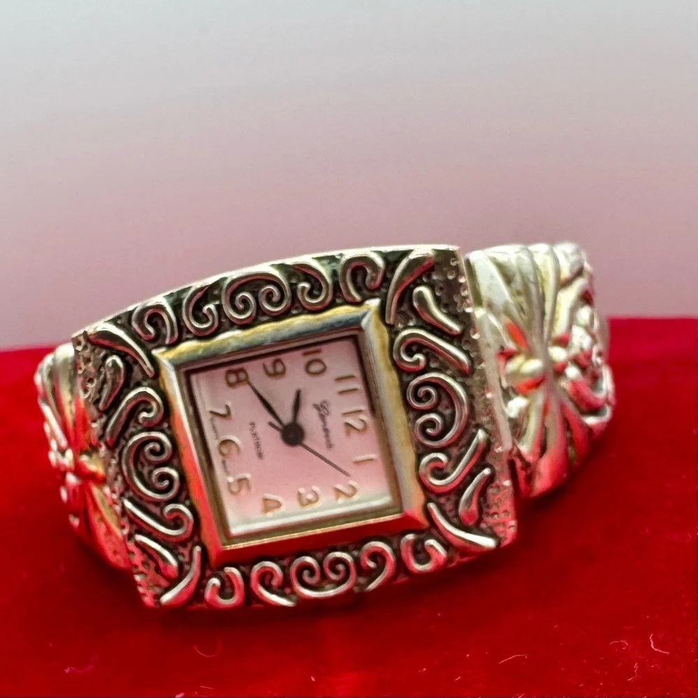 Vintage Geneva Silvertone Women's Cuff Watch Ornate Statement Bracelet Watch